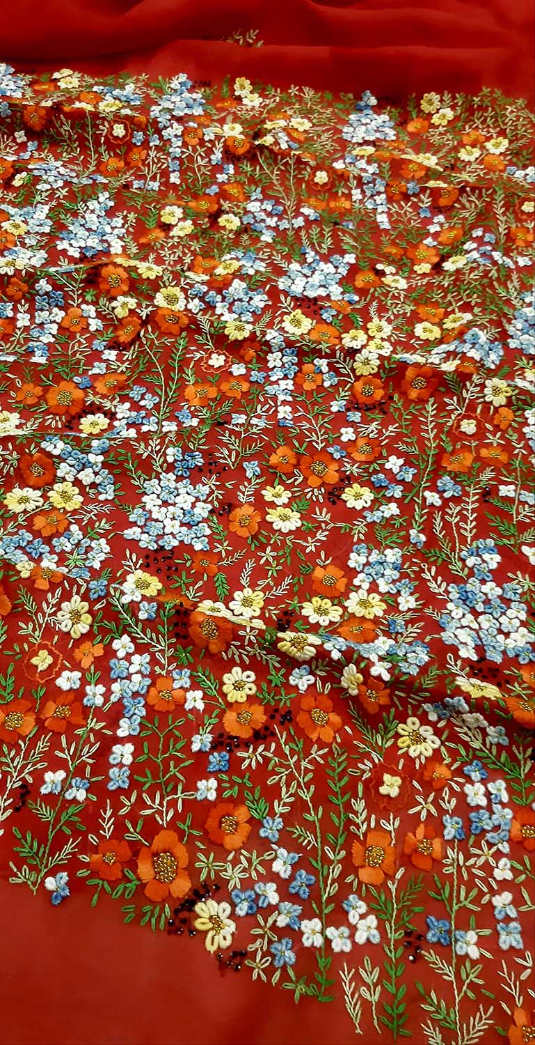 Red Trendy Organza French Knot And Sequins Work Saree - Luxurion World