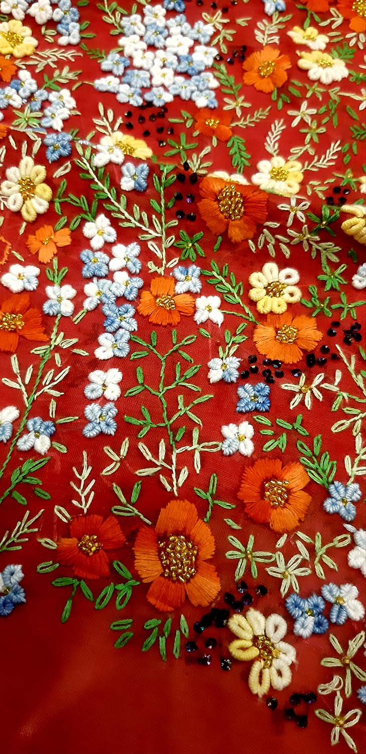 Red Trendy Organza French Knot And Sequins Work Saree - Luxurion World