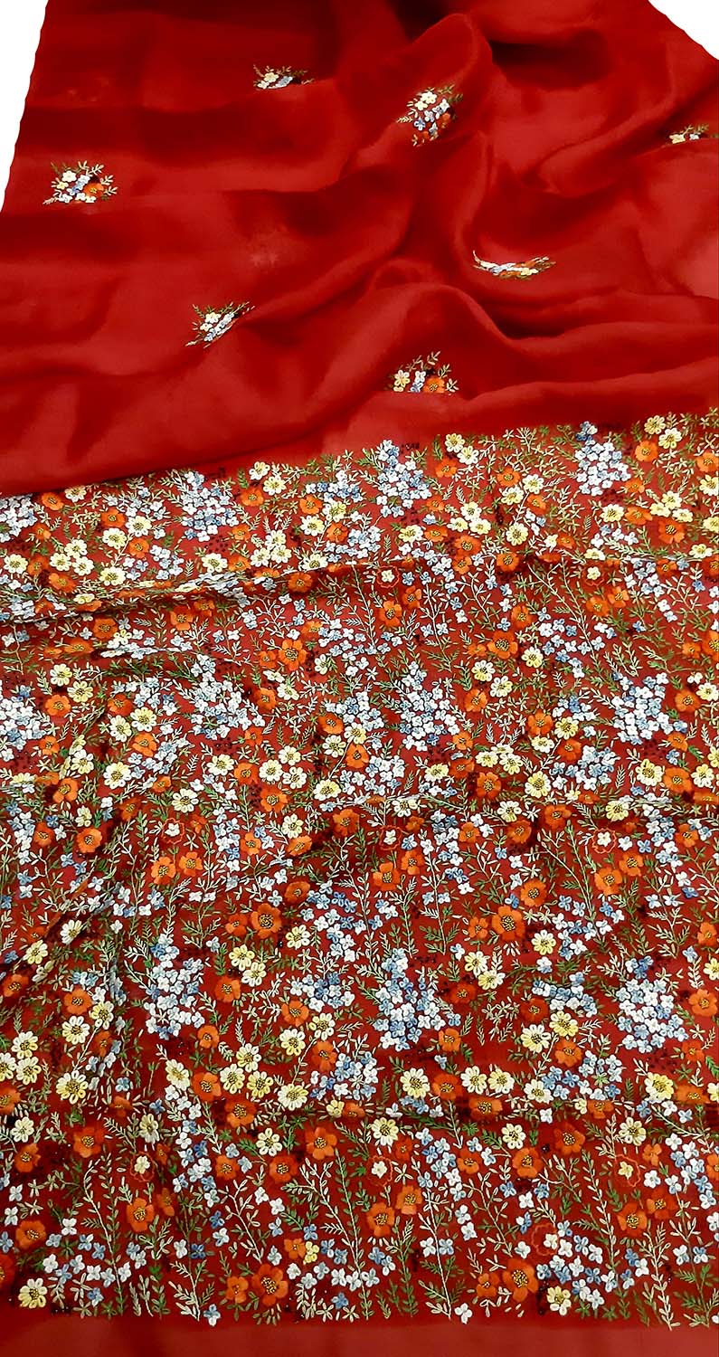 Red Trendy Organza French Knot And Sequins Work Saree - Luxurion World