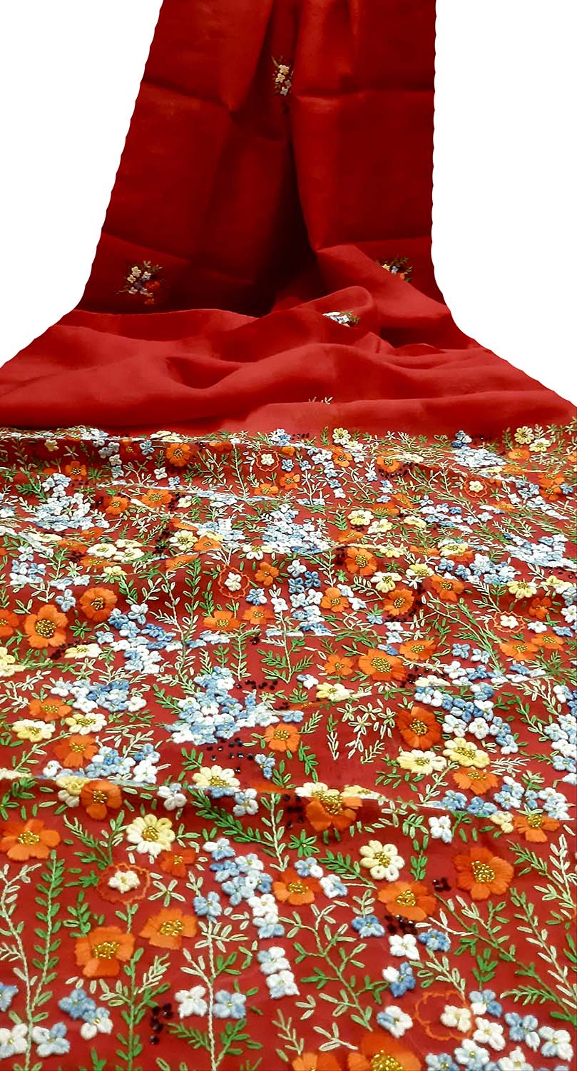 Red Trendy Organza French Knot And Sequins Work Saree - Luxurion World