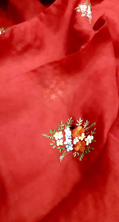 Red Trendy Organza French Knot And Sequins Work Saree - Luxurion World