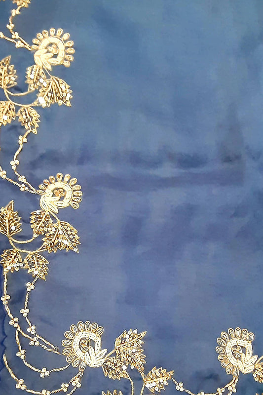Blue Trendy Organza Zardozi And Sequins Work Saree - Luxurion World