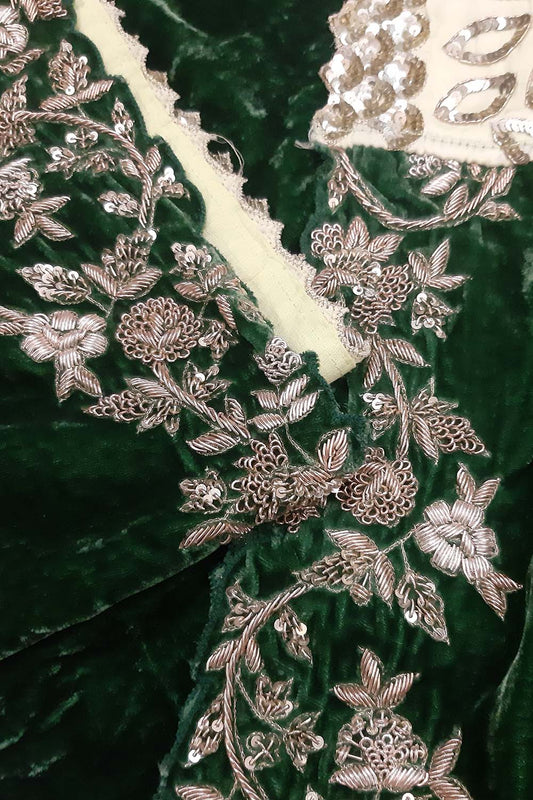 Green Trendy Velvet Sequins And Zardozi Work Saree