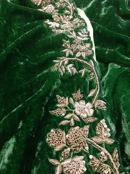 Green Trendy Velvet Sequins And Zardozi Work Saree - Luxurion World