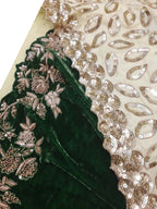 Green Trendy Velvet Sequins And Zardozi Work Saree - Luxurion World
