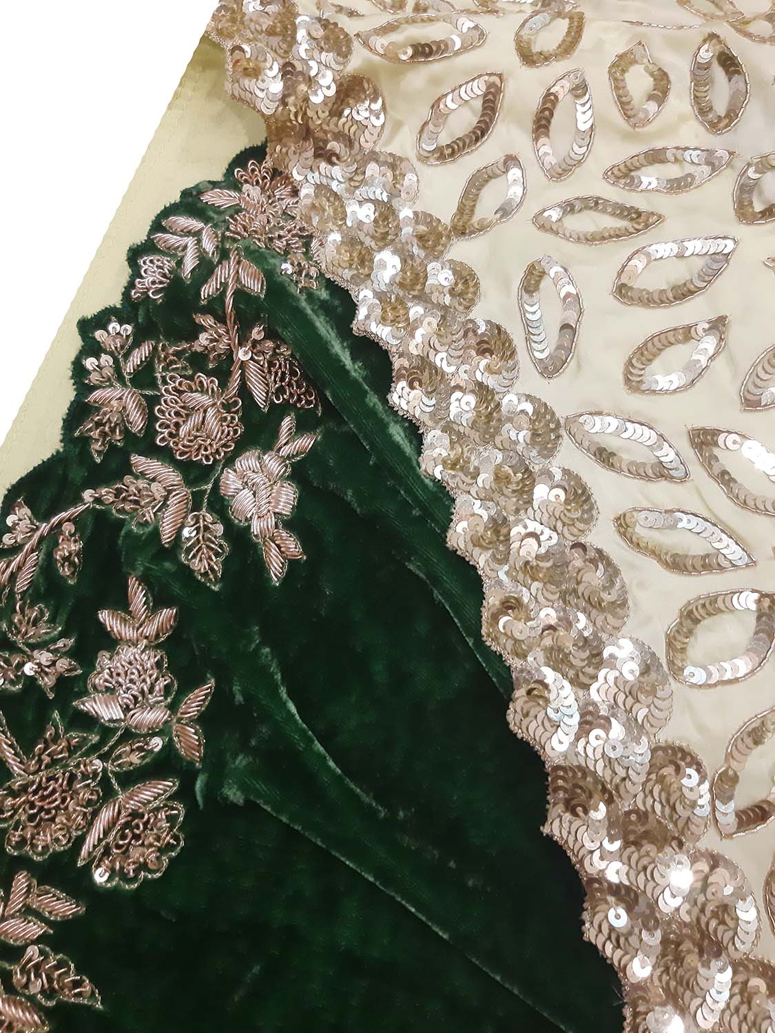 Green Trendy Velvet Sequins And Zardozi Work Saree - Luxurion World
