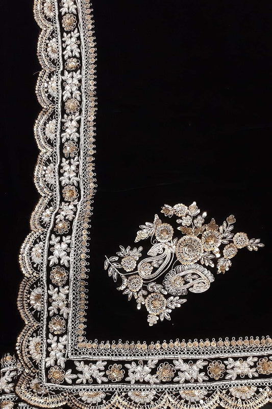 Black Trendy Velvet Sequins And Zardozi Work Saree - Luxurion World