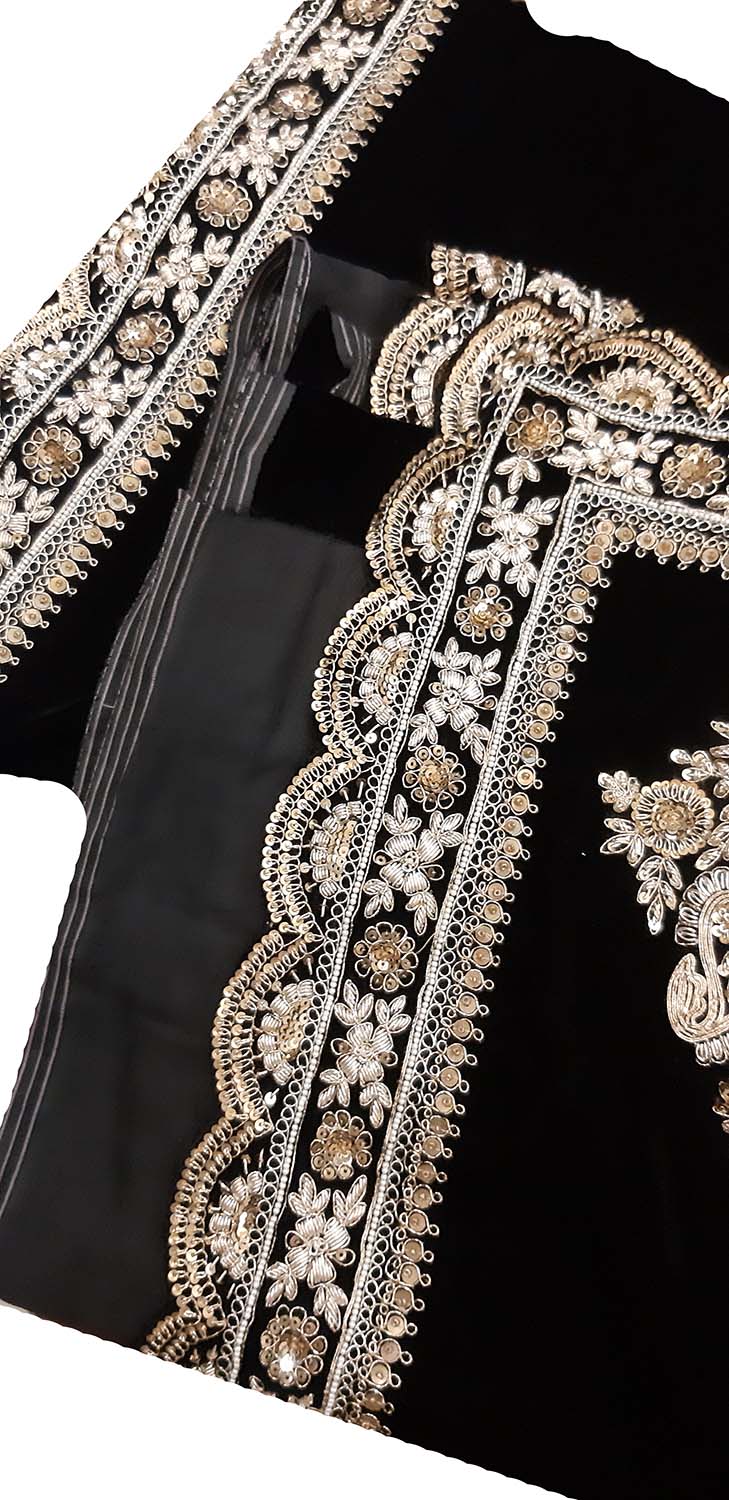 Black Trendy Velvet Sequins And Zardozi Work Saree - Luxurion World