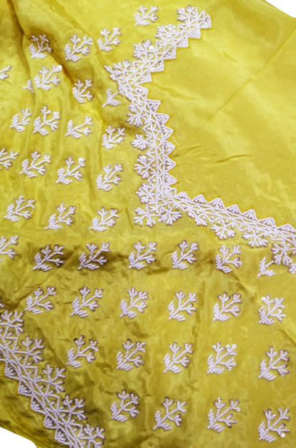 Yellow Trendy Hand Embroidered Beads Work Pure Organza Silk Saree