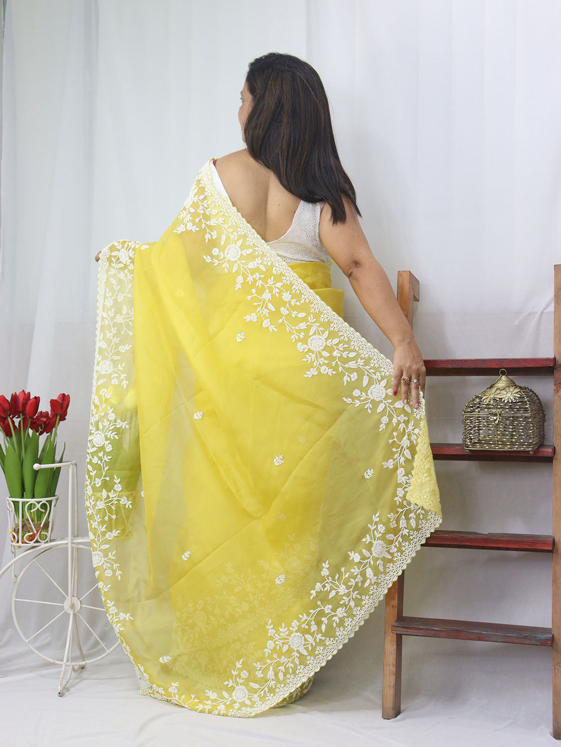 Yellow Trendy Hand Embroidered Beads Work Pure Organza Silk Saree