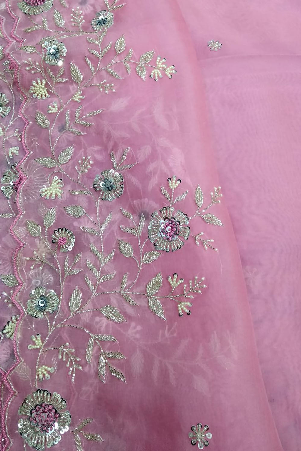 Pink Trendy Cutdana Hand Embroidered Pure Organza Silk Saree With Beads And Sequins Work - Luxurion World