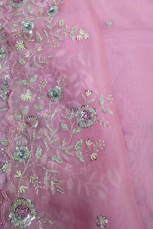 Pink Trendy Cutdana Hand Embroidered Pure Organza Silk Saree With Beads And Sequins Work - Luxurion World