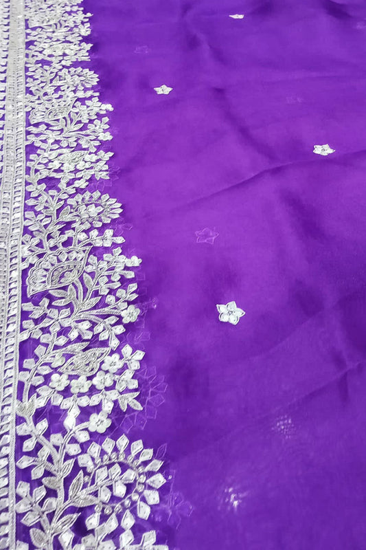 Purple Trendy Hand Embroidered Pure Organza Silk Saree