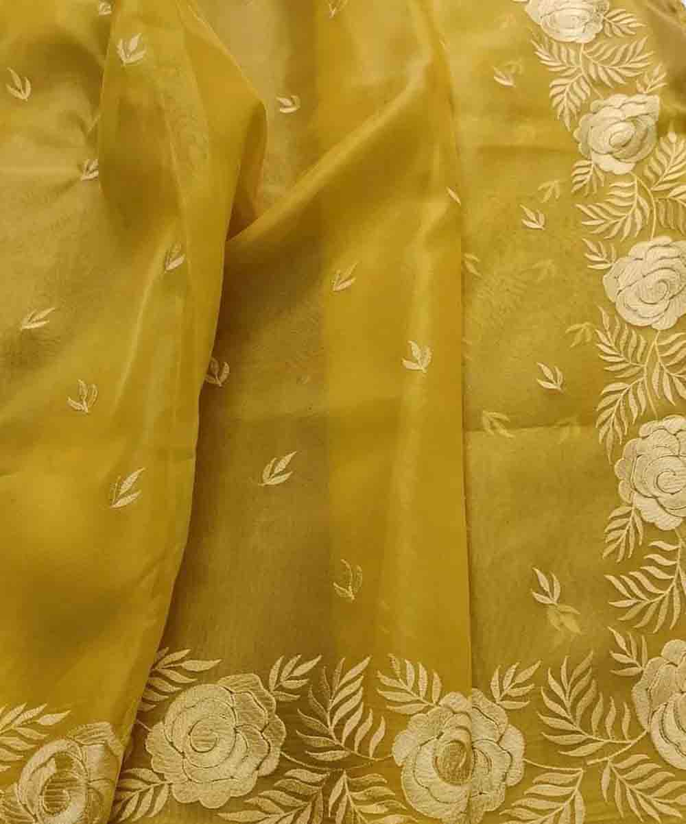 Yellow Embroidered Kota Organza Silk Floral Design Saree - Luxurion World