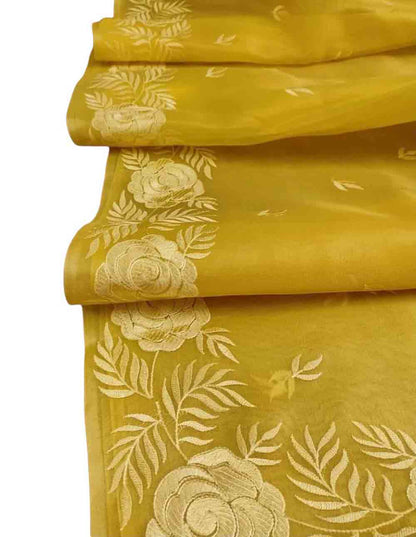 Yellow Embroidered Kota Organza Silk Floral Design Saree - Luxurion World