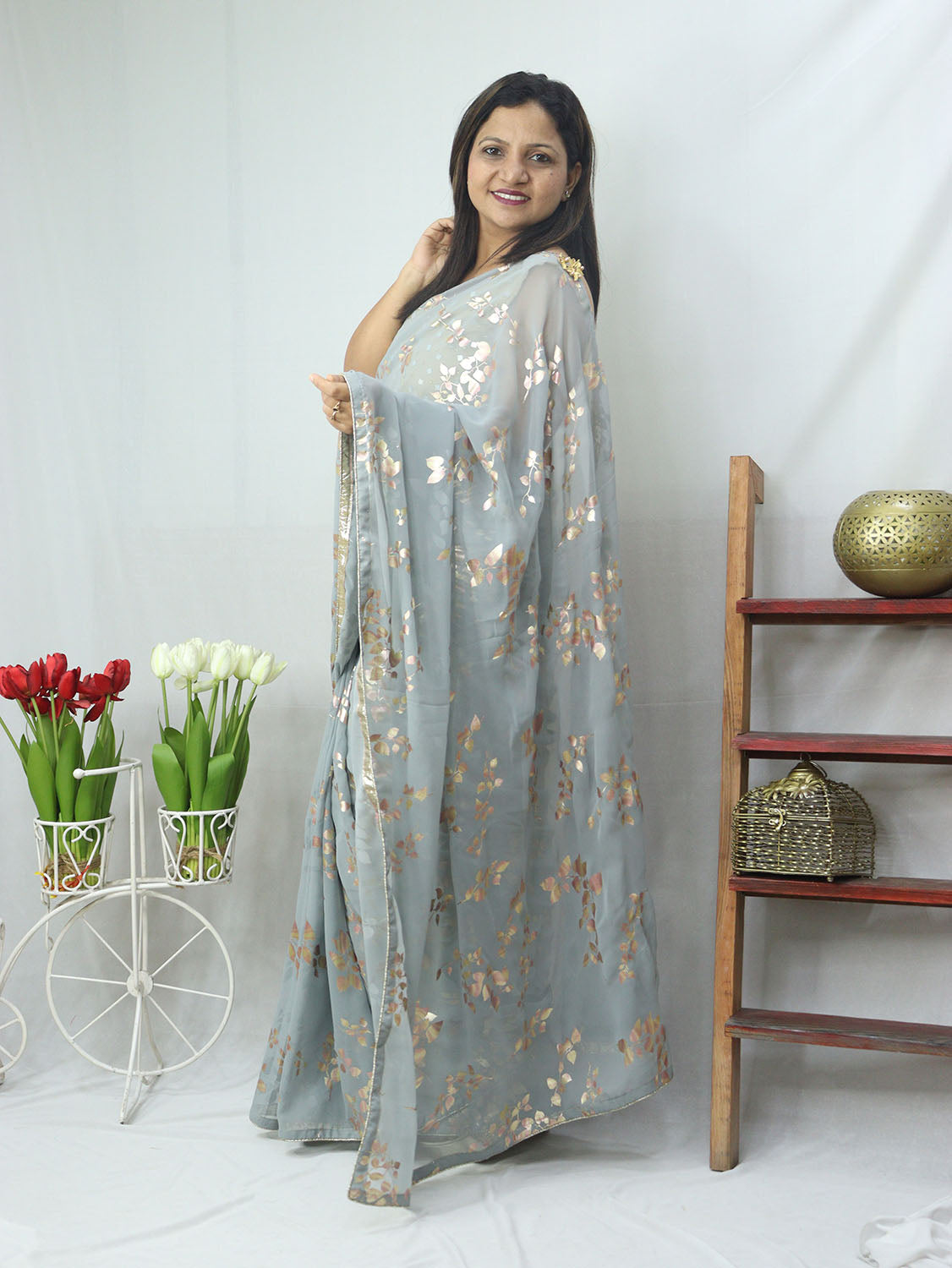 Stylish Grey Georgette Saree with Trendy Foil Print - Perfect for Any Occasion! - Luxurion World