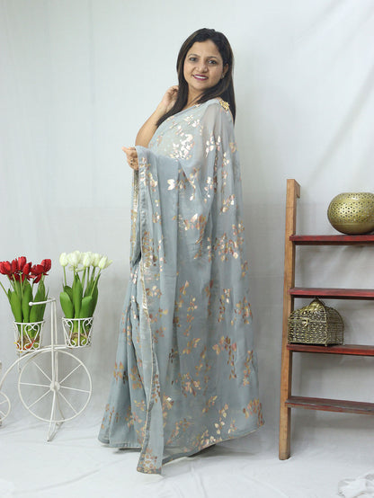 Stylish Grey Georgette Saree with Trendy Foil Print - Perfect for Any Occasion! - Luxurion World
