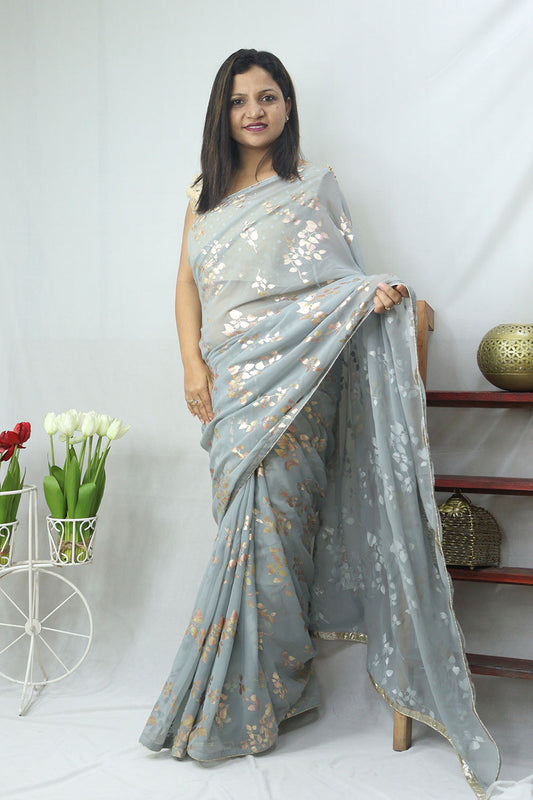 Stylish Grey Georgette Saree with Trendy Foil Print - Perfect for Any Occasion!