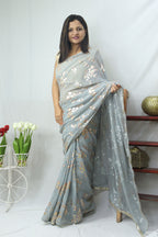 Stylish Grey Georgette Saree with Trendy Foil Print - Perfect for Any Occasion! - Luxurion World