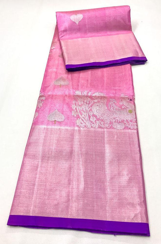 Pink Handloom Venkatgiri Tissue Silk Saree - Luxurion World