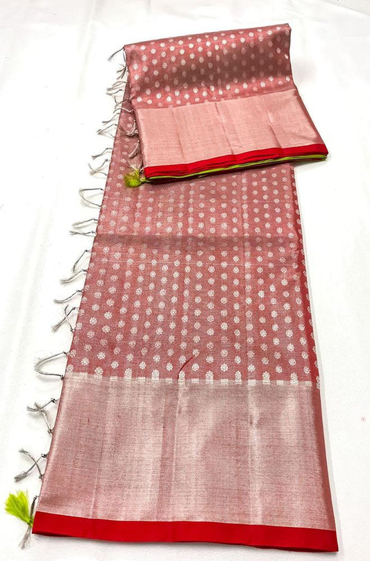 Red Handloom Venkatgiri Tissue Silk Saree - Luxurion World