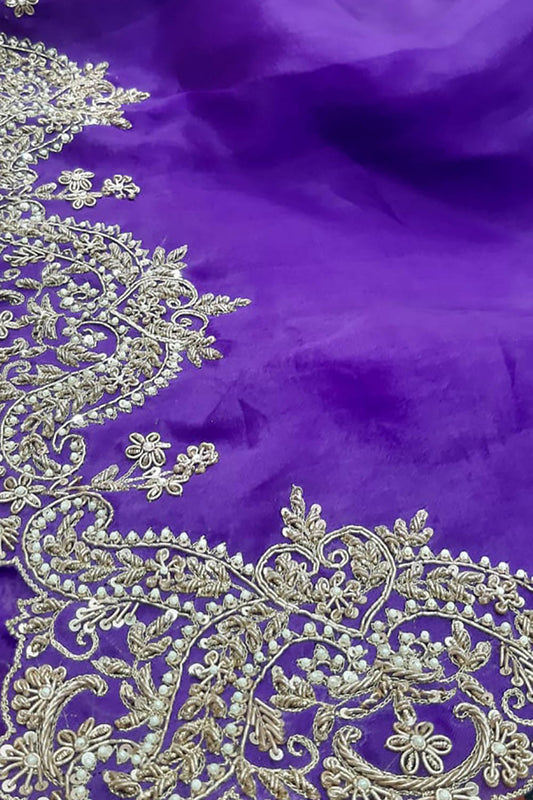 Purple Zardozi Hand Embroidered Pure Organza Silk Saree - Luxurion World