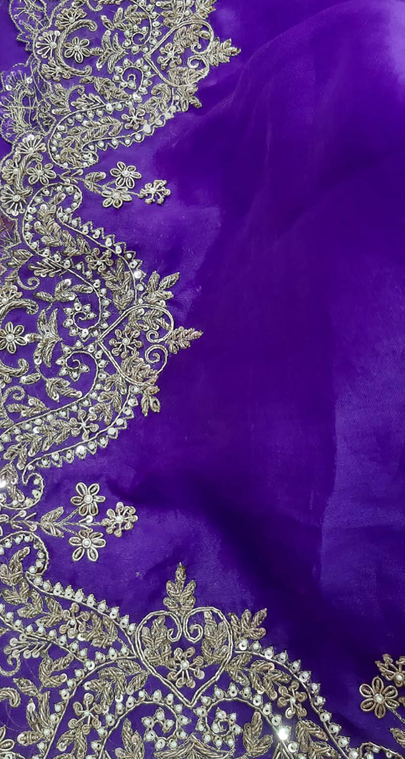 Purple Zardozi Hand Embroidered Pure Organza Silk Saree - Luxurion World