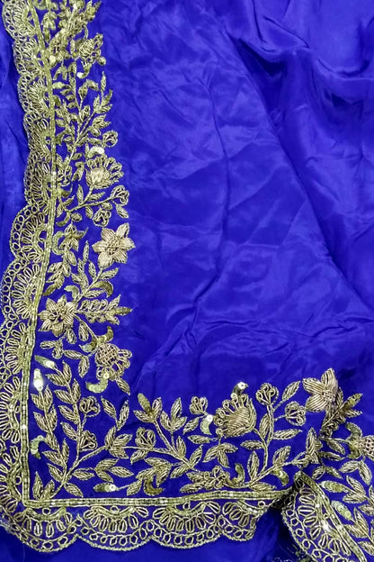 Blue Zardozi Hand Embroidered Crepe Silk Saree - Luxurion World