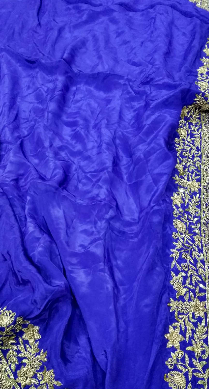 Blue Zardozi Hand Embroidered Crepe Silk Saree