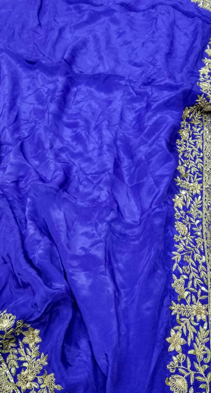 Blue Zardozi Hand Embroidered Crepe Silk Saree - Luxurion World