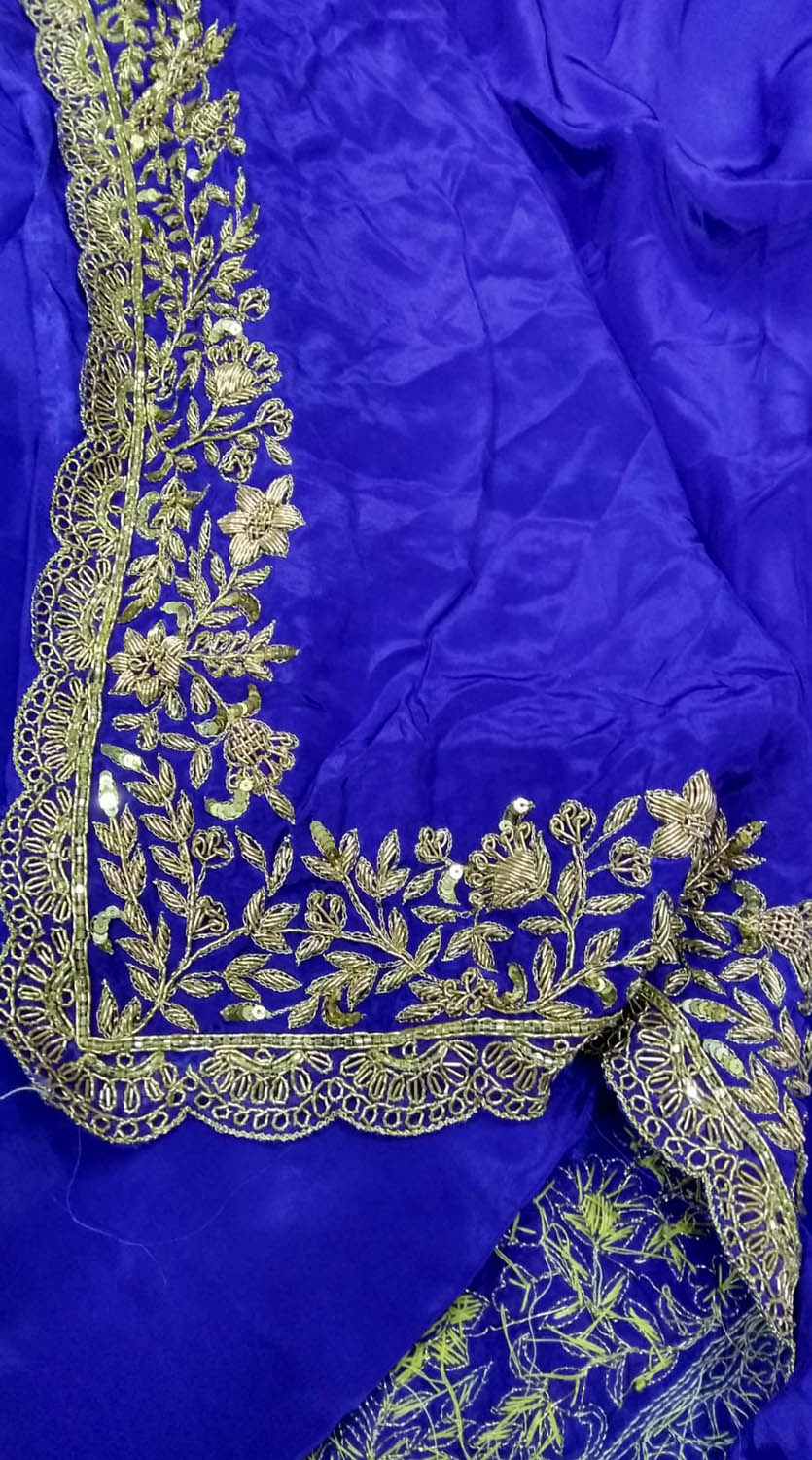 Blue Zardozi Hand Embroidered Crepe Silk Saree