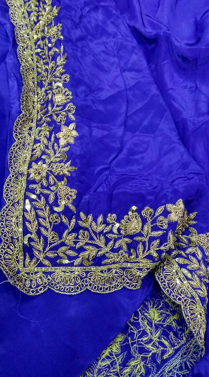 Blue Zardozi Hand Embroidered Crepe Silk Saree - Luxurion World