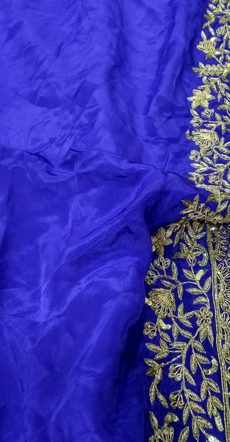 Blue Zardozi Hand Embroidered Crepe Silk Saree - Luxurion World