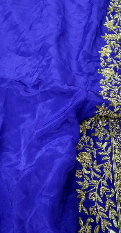Blue Zardozi Hand Embroidered Crepe Silk Saree - Luxurion World