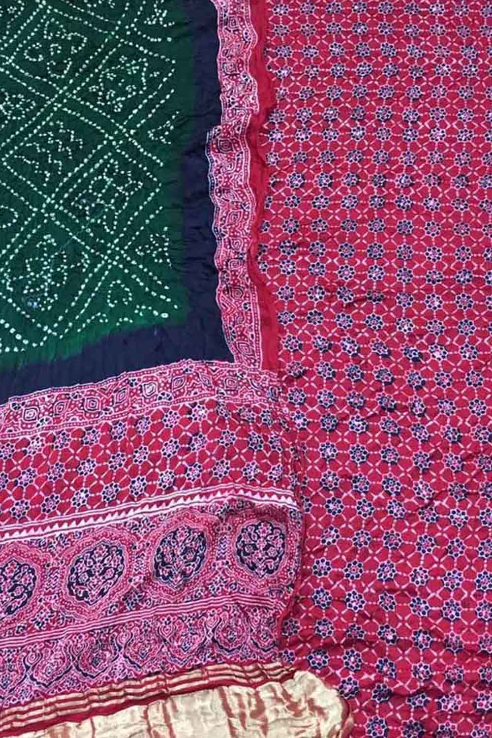 Green Ajrakh Bandhani Modal Gajji Silk Two Piece Unstitched Suit Set - Luxurion World