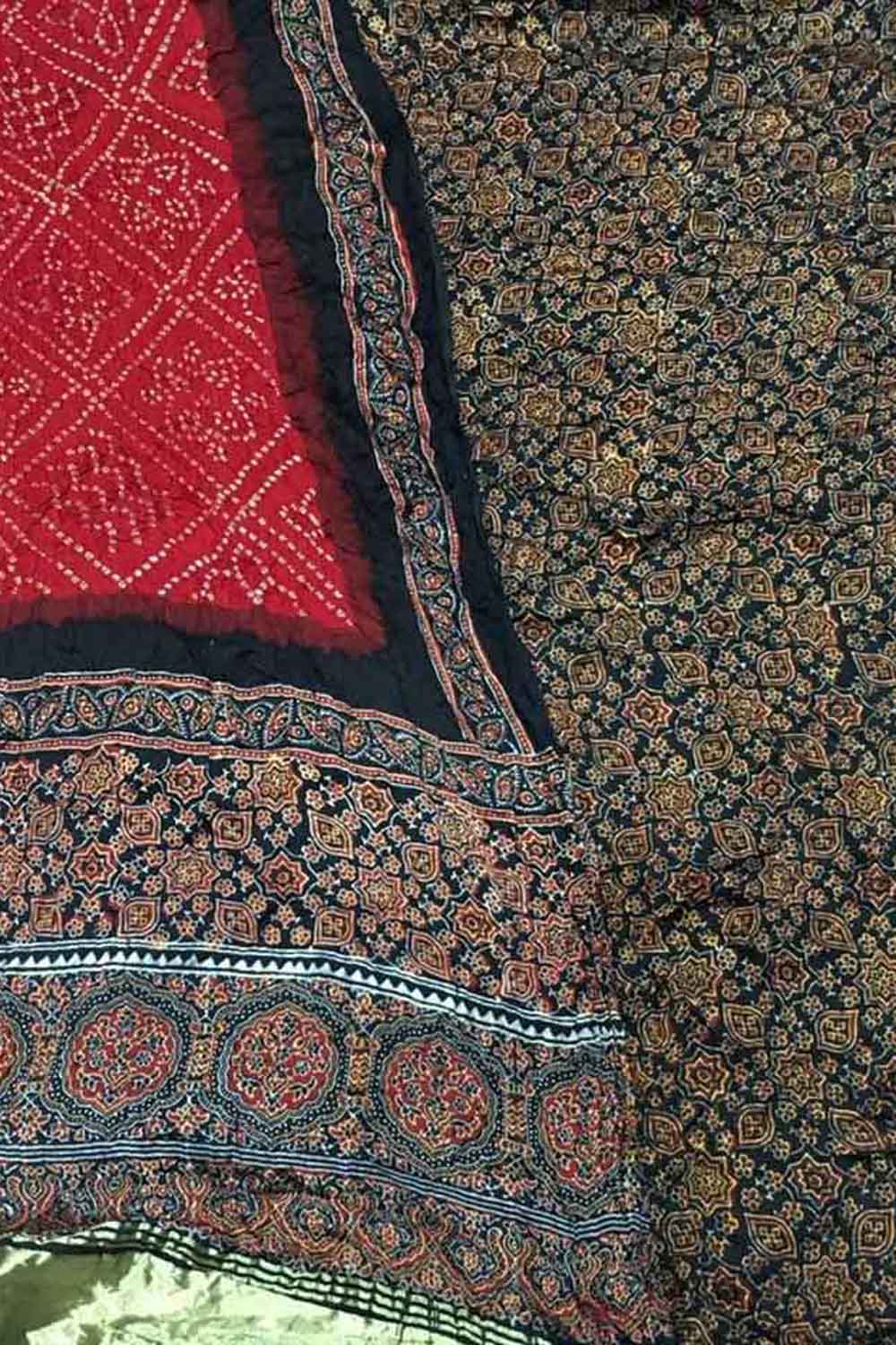 Red Ajrakh Bandhani Modal Gajji Silk Two Piece Unstitched Suit Set - Luxurion World