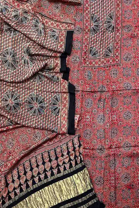 Red Ajarakh Hand Block Print Gajji Silk Suit Set - Ethnic Elegance at Its Best - Luxurion World