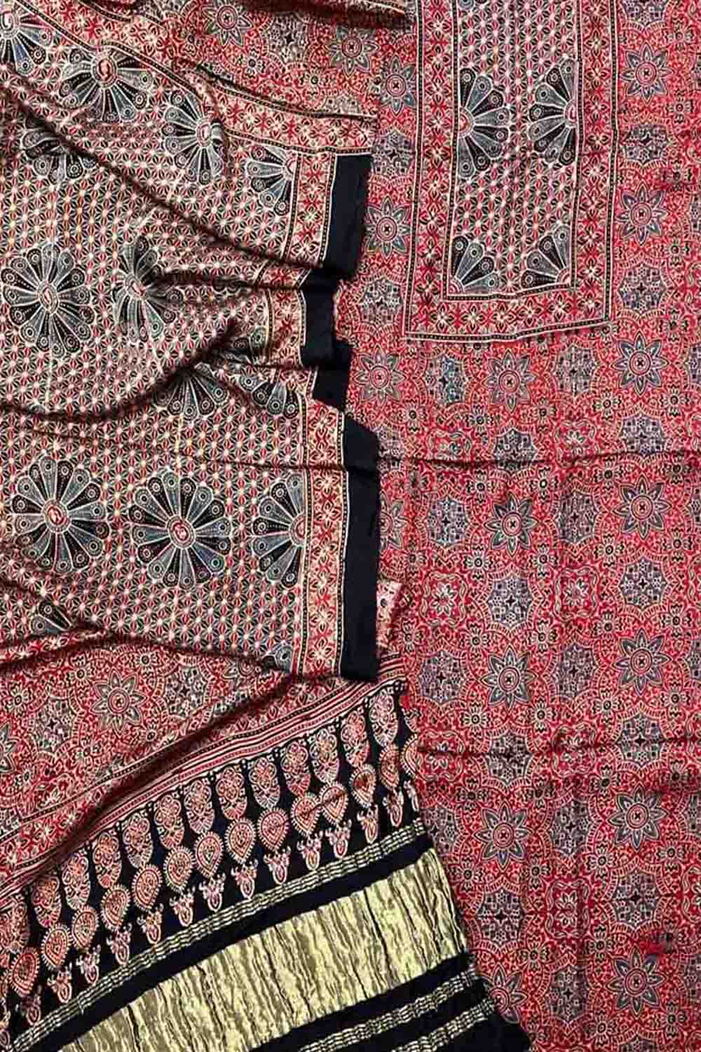 Red Ajarakh Hand Block Print Gajji Silk Suit Set - Ethnic Elegance at Its Best - Luxurion World