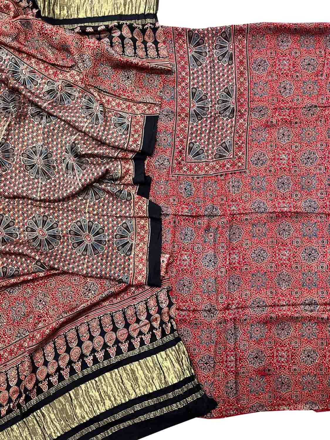 Red Ajarakh Hand Block Print Gajji Silk Suit Set - Ethnic Elegance at Its Best