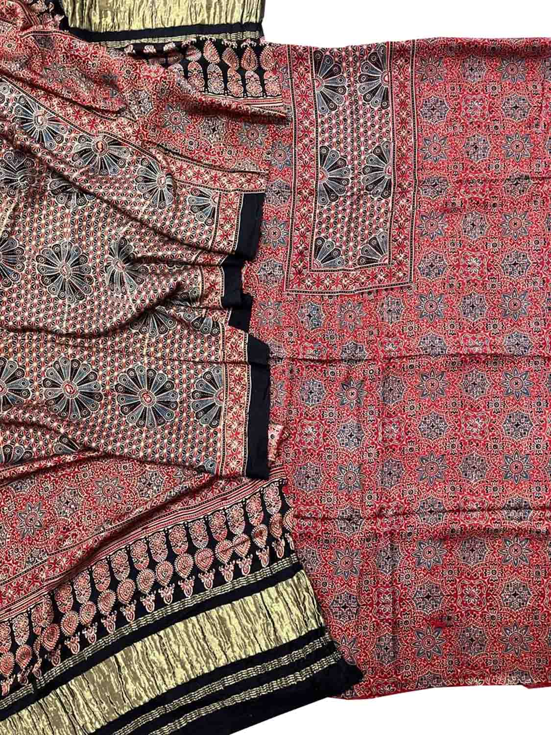 Red Ajarakh Hand Block Print Gajji Silk Suit Set - Ethnic Elegance at Its Best - Luxurion World