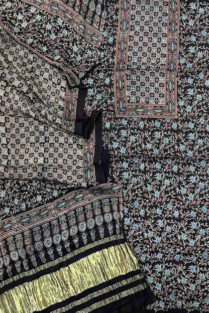 Stunning Black Ajarakh Hand Block Print Gajji Silk Suit Set - Perfect for Any Occasion!