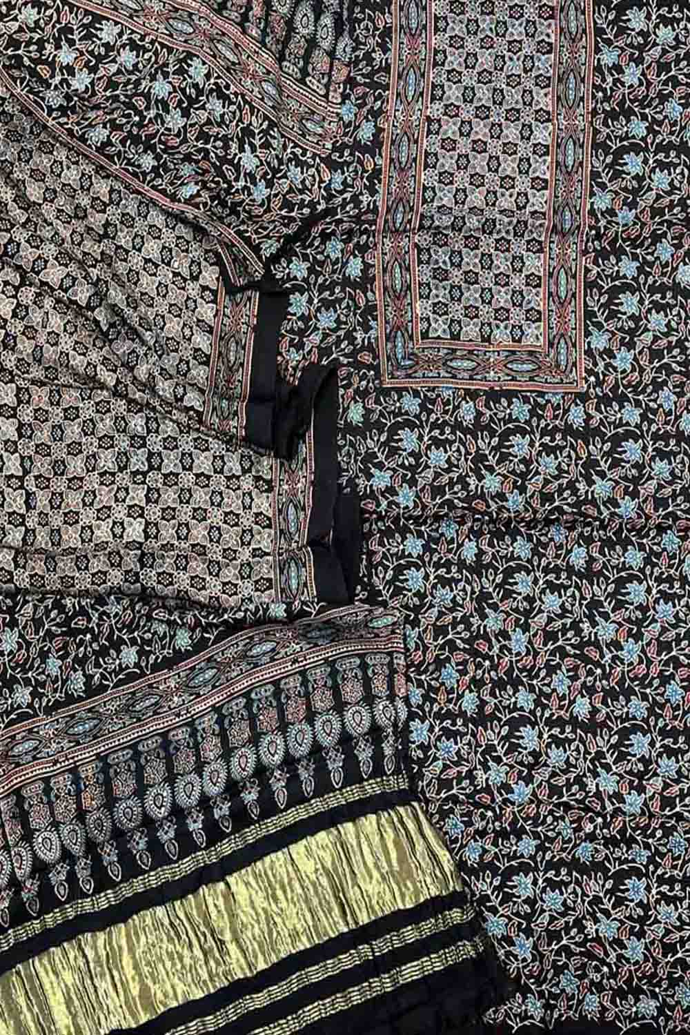 Stunning Black Ajarakh Hand Block Print Gajji Silk Suit Set - Perfect for Any Occasion! - Luxurion World