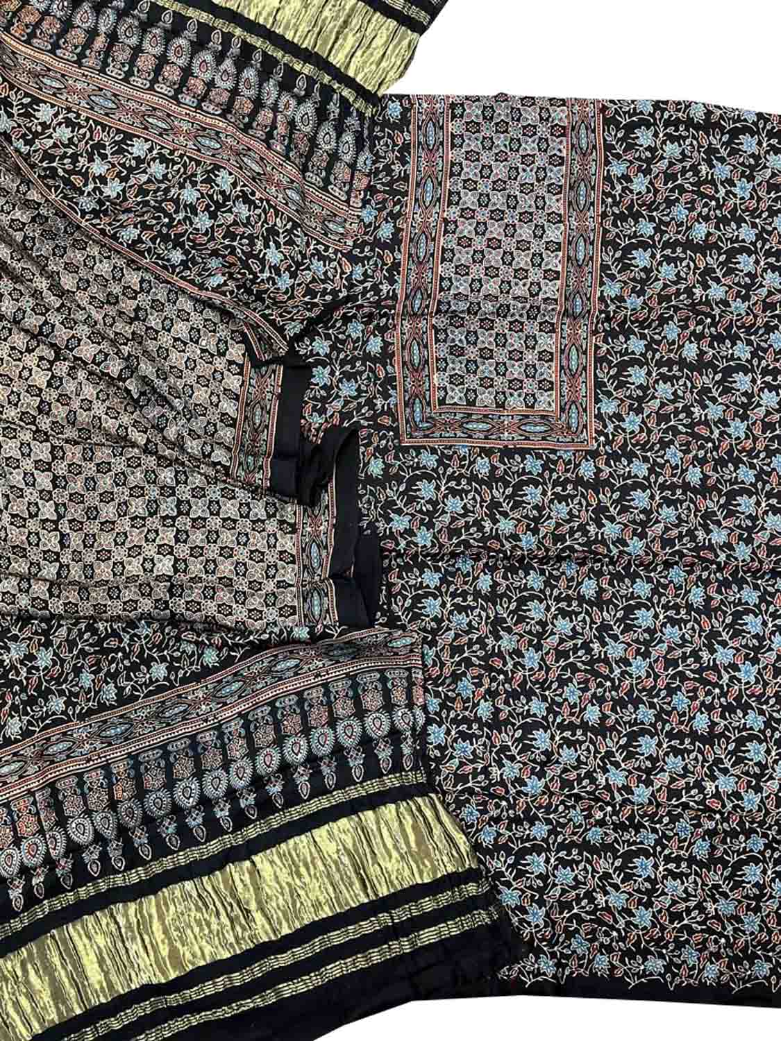 Stunning Black Ajarakh Hand Block Print Gajji Silk Suit Set - Perfect for Any Occasion! - Luxurion World