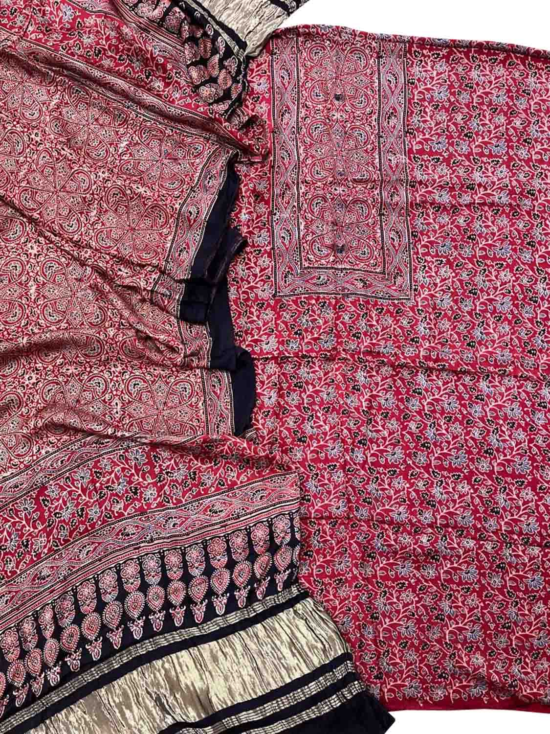 Stylish Red Ajarakh Hand Block Print Gajji Silk Suit Set for Women - Luxurion World