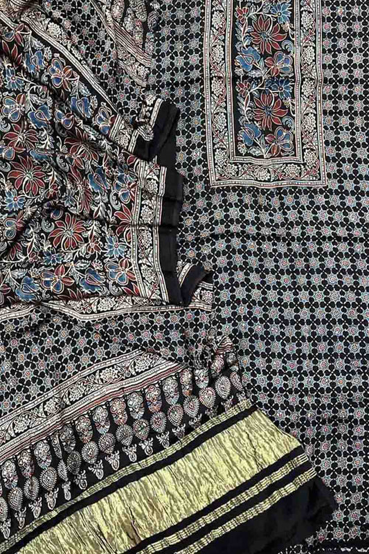 Stylish Black Ajarakh Hand Block Print Gajji Silk Suit Set - Perfect for Any Occasion! - Luxurion World