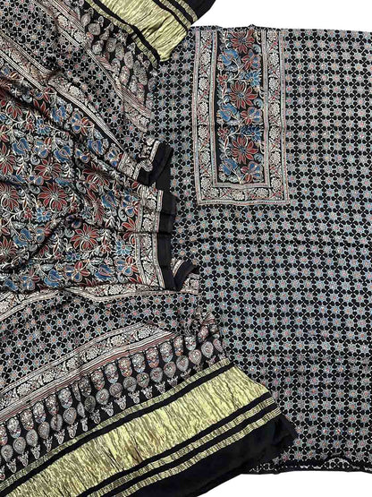 Stylish Black Ajarakh Hand Block Print Gajji Silk Suit Set - Perfect for Any Occasion!