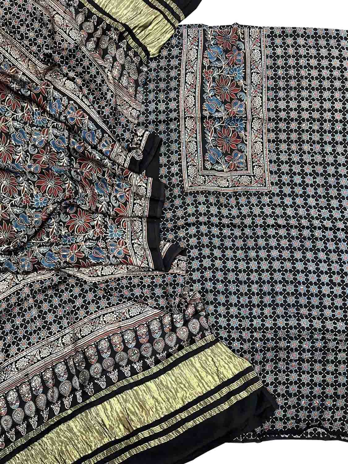 Stylish Black Ajarakh Hand Block Print Gajji Silk Suit Set - Perfect for Any Occasion! - Luxurion World