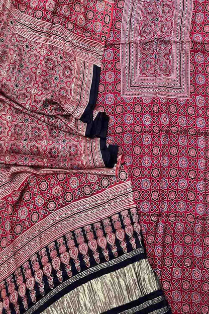 Stunning Red Ajarakh Hand Block Print Gajji Silk Suit Set - Perfect for Any Occasion!