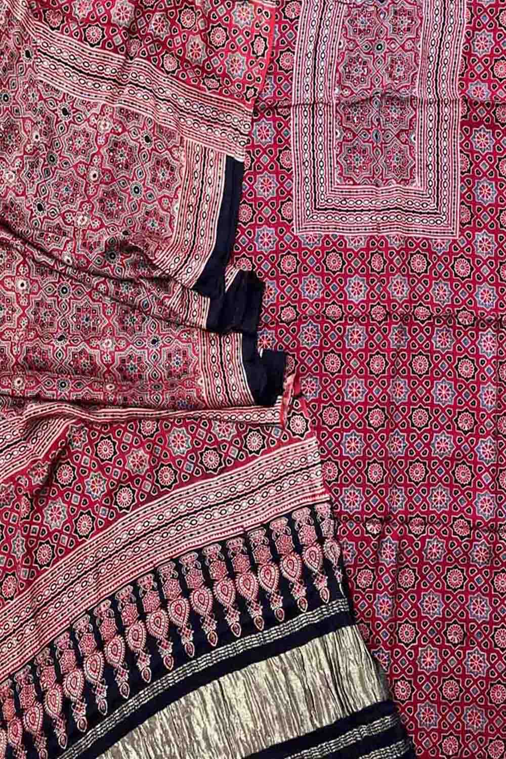 Stunning Red Ajarakh Hand Block Print Gajji Silk Suit Set - Perfect for Any Occasion! - Luxurion World