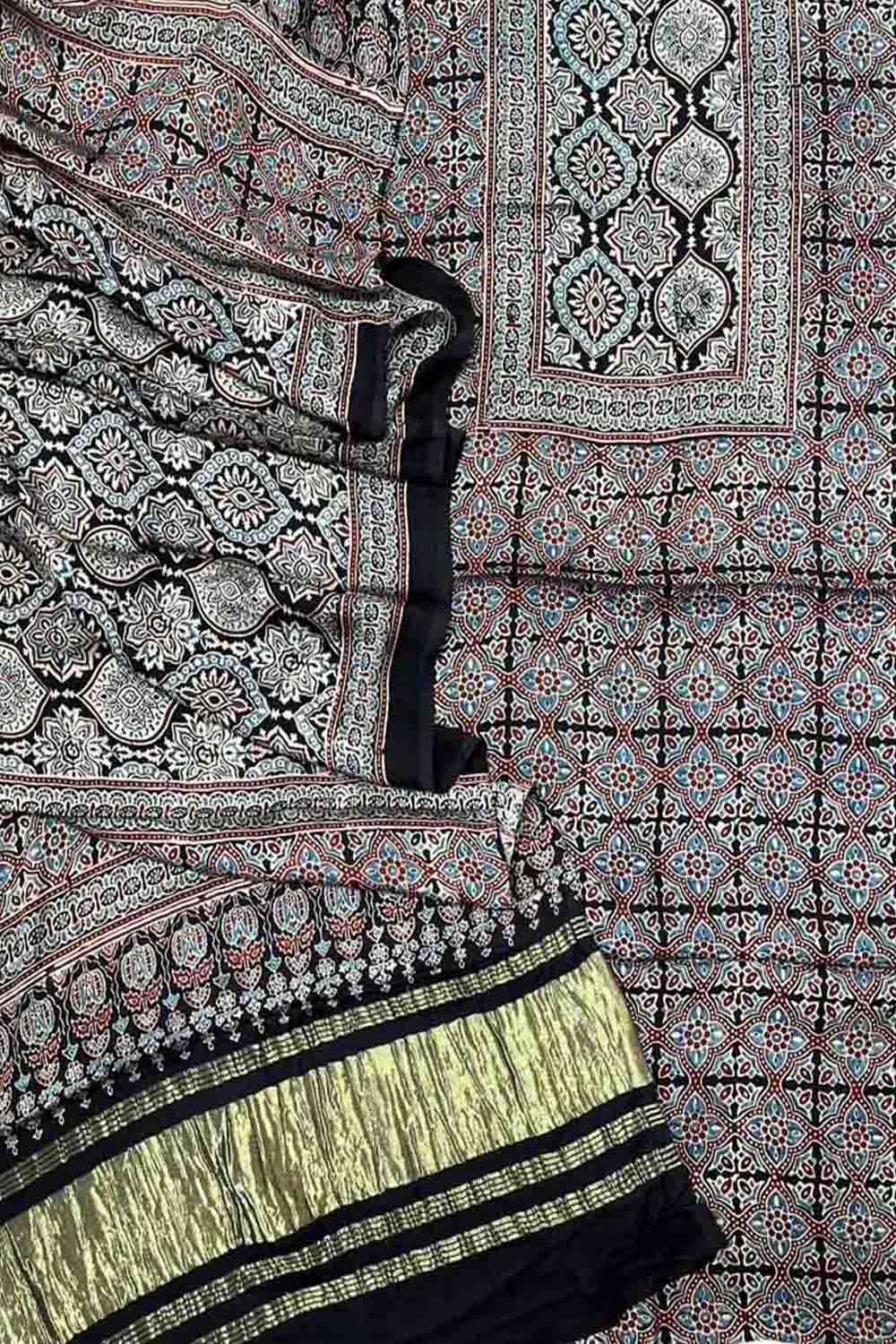 Stylish Black Ajarakh Hand Block Print Gajji Silk Suit Set for Women - Luxurion World